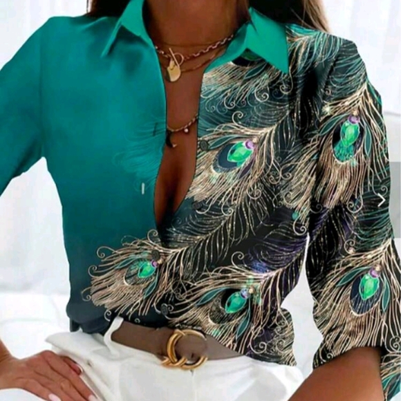 Feather Print Button Front Shirt - Picture 1 of 6